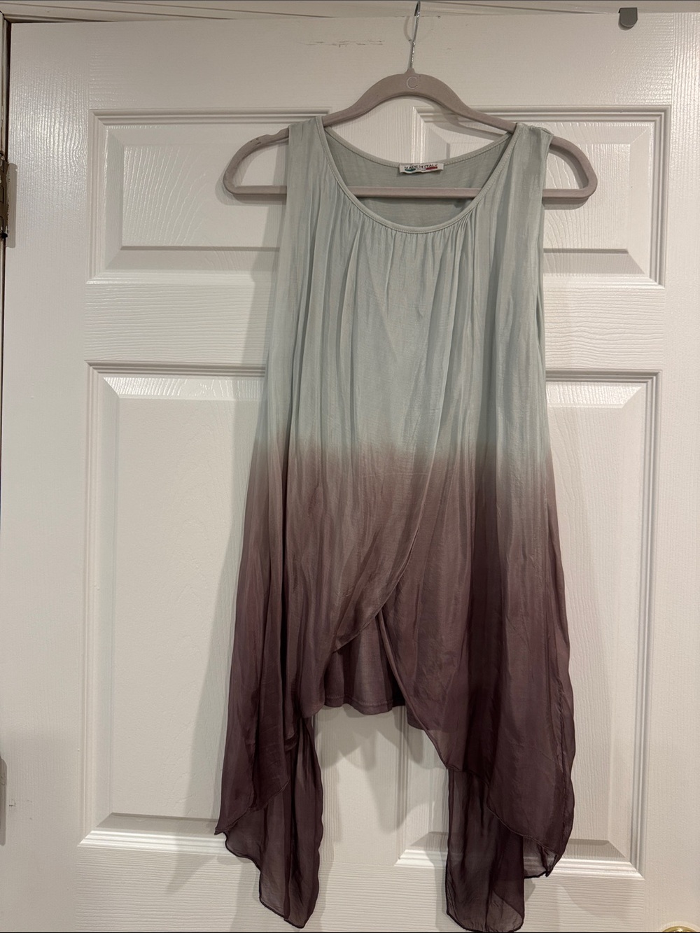 Sleeveless Ombre Handkerchief-Hem Tunic in Sage and Plum